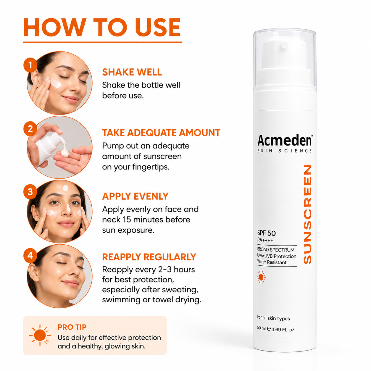 Acmeden Sunscreen - SPF 50 PA++++ Lightweight Niacinamide Broad Spectrum SunCream |No White Cast |Men&Women (50 ML)